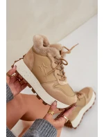 Skórzane Sneakersy Trapery Damskie Z Futerkiem Na Platformie Big Star OO274A330 Beżowe