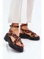 Sandały Damskie Na Platformie I Koturnie W Panterkę Brązowe Tenzorus