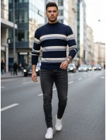 Pánsky pruhovaný sveter s polovičným rolákom tmavomodrý FashionStreet WX2126 Pánsky pruhovaný sveter s polovičným rolákom tmavomodrý FashionStreet WX2126