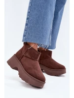 Śniegowce Damskie Niskie Wsuwane Ocieplane Futerkiem Brązowe Mavelle