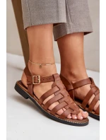 Skórzane Sandały Na Płaskim Obcasie Zazoo 3686 Camel