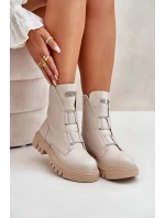 Ocieplane Botki Workery Damskie Na Zamek Eko Skórzane Jasnobeżowe Mailyra