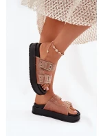 Klapki Damskie Ze Złotymi Klamrami Na Platformie Beżowe Virvania