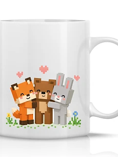 PIXELOVÁ ZVÍŘÁTKA – klasický biely keramický hrnček 300 ml