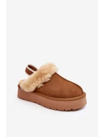 Skórzane Zamszowe Kapcie Damskie Na Platformie Z Futerkiem Camel Sophienne