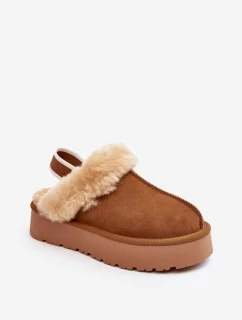 Skórzane Zamszowe Kapcie Damskie Na Platformie Z Futerkiem Camel Sophienne