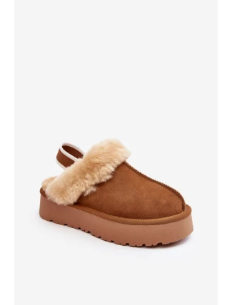 Skórzane Zamszowe Kapcie Damskie Na Platformie Z Futerkiem Camel Sophienne