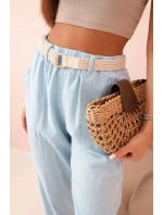 Dámske ľanové nohavice s bavlnou a opaskom modré