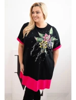 Dámske Plus veľkosť tunika s kvetinovým vzorom a dekoratívne korálky Fuchsia