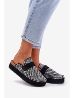 Klapki Damskie Zdobione Cyrkoniami Na Platformie Czarne Deorani