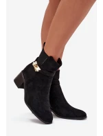 Ocieplane Botki Damskie Ze Złotą Ozdobą Na Klocku Czarne Sarona