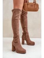 Kozaki Na Słupku I Platformie Z Cholewką Za Kolano Eko Zamszowe Ciemnobeżowe Zistaria