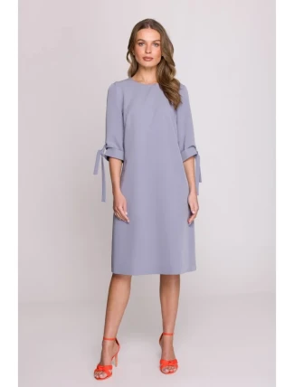 S393 Šaty áčkového strihu so zaväzovacími rukávmi - holubičia sivá