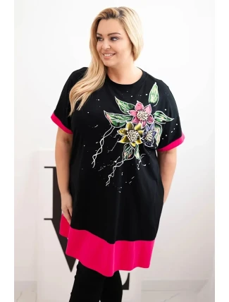 Dámske Plus veľkosť tunika s kvetinovým vzorom a dekoratívne korálky Fuchsia