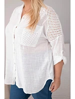 Dámske bavlnené tričko s golierom a čipkovou vložkou v bielej farbe