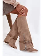 Kozaki Damskie Wsuwane Na Słupku Z Ozdobnym Paskiem Beżowe Jolivine