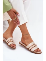 Płaskie Klapki Damskie Ze Złotym Detalem Beżowe Noroti