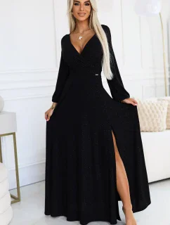 572-2 NELA lesklé dlhé šaty s výstrihom a dlhými rukávmi - ČIERNE