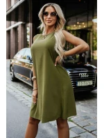 296-14 VICTORIA Trapézové šaty bez rukávov so zaväzovaním v páse - khaki