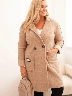 Dámske Plus veľkosť Faux ovčej vlny kabát s vreckami tmavo béžová