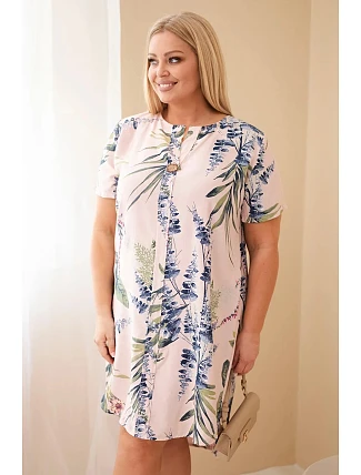 Dámske plus veľkosť viskózové šaty s krátkymi rukávmi a výstrihom na gombíky Powder Pink