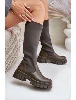 Kozaki Z Elastyczną Cholewką Na Płaskim Obcasie Ciemnozielone Mesidra