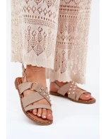 Sandały Damskie Na Płaskim Obcasie Ze Złotymi Ćwiekami Beżowe Zanira