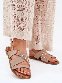 Sandały Damskie Na Płaskim Obcasie Ze Złotymi Ćwiekami Beżowe Zanira