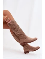 Dámské perforované vysoké kozačky na nízkém podpatku S.Barski HY61-8023 Béžové