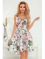 478-1 MAYA Šaty s dlhším zadným dielom, výstrihom a opaskom - PINK FLOWERS