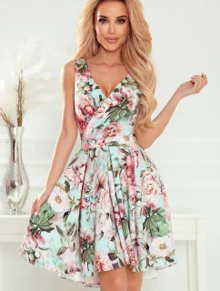 478-1 MAYA Šaty s dlhším zadným dielom, výstrihom a opaskom - PINK FLOWERS