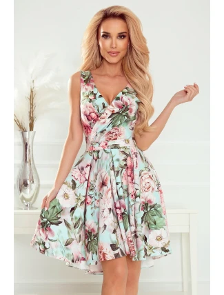 478-1 MAYA Šaty s dlhším zadným dielom, výstrihom a opaskom - PINK FLOWERS