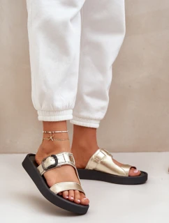 Skórzane Klapki Damskie Na Platformie Zazoo 3024 Złote