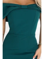 644-1 Zmyselné španielske midi šaty s mašľou vo výstrihu - fľaškovo zelené