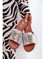 Eko Skórzane Płaskie Klapki Damskie Z Ozdobnym Detalem Srebrne Frelie