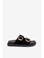 Klapki Damskie Na Platformie Ze Złotymi Klamrami Czarne Verena