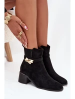 Ocieplane Botki Damskie Ze Złotą Ozdobą Na Klocku Czarne Sarona