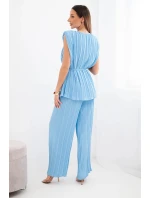 Dámska plisovaná súprava z viskózy s blúzkou na zaväzovanie a širokými nohavicami modrá