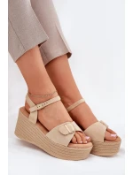 Sandały Damskie Na Koturnie Z Klamrą Khaki Liniella