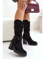 Kozaki Damskie Do Połowy Łydki Na Słupku Ocieplane Czarne Ivanelis