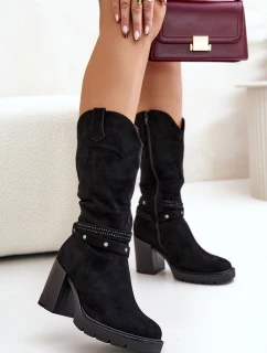 Kozaki Damskie Do Połowy Łydki Na Słupku Ocieplane Czarne Ivanelis