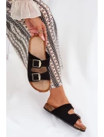 Klapki Damskie Na Korkowej Platformie Ze Złotymi Klamrami Czarne Lisavionea