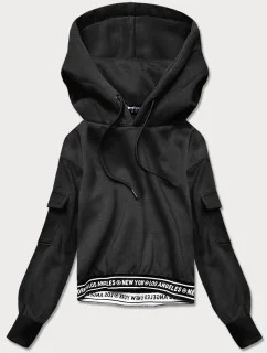 Krátka čierna dámska tepláková mikina so sťahovacími lemami (26030)