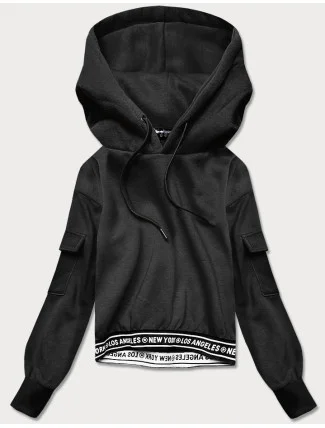 Krátka čierna dámska tepláková mikina so sťahovacími lemami (26030)