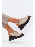 Skórzane Sandały Damskie Na Koturnie Z Ozdobą Artiker 56C0111 Beżowe