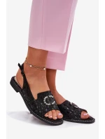 Skórzane Sandały Z Ozdobą Na Płaskim Obcasie S.Barski KV51-096 Czarne