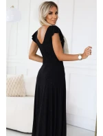 411-12 CRYSTAL lesklé dlhé šaty s výstrihom - BLACK