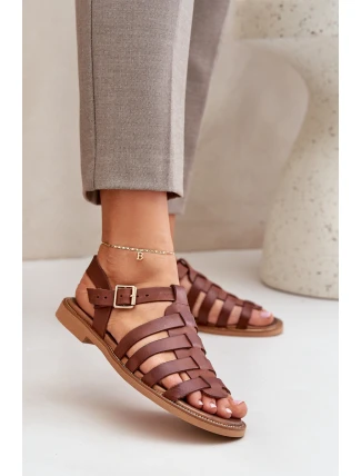 Skórzane Sandały Na Płaskim Obcasie Zazoo 3686 Brązowe