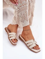 Zdobione Klapki Na Płaskim Obcasie Beżowe Anniles