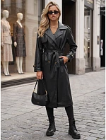 Dlhý čierny dámsky dvojradový kabát s opaskom FashionStreet NY0780